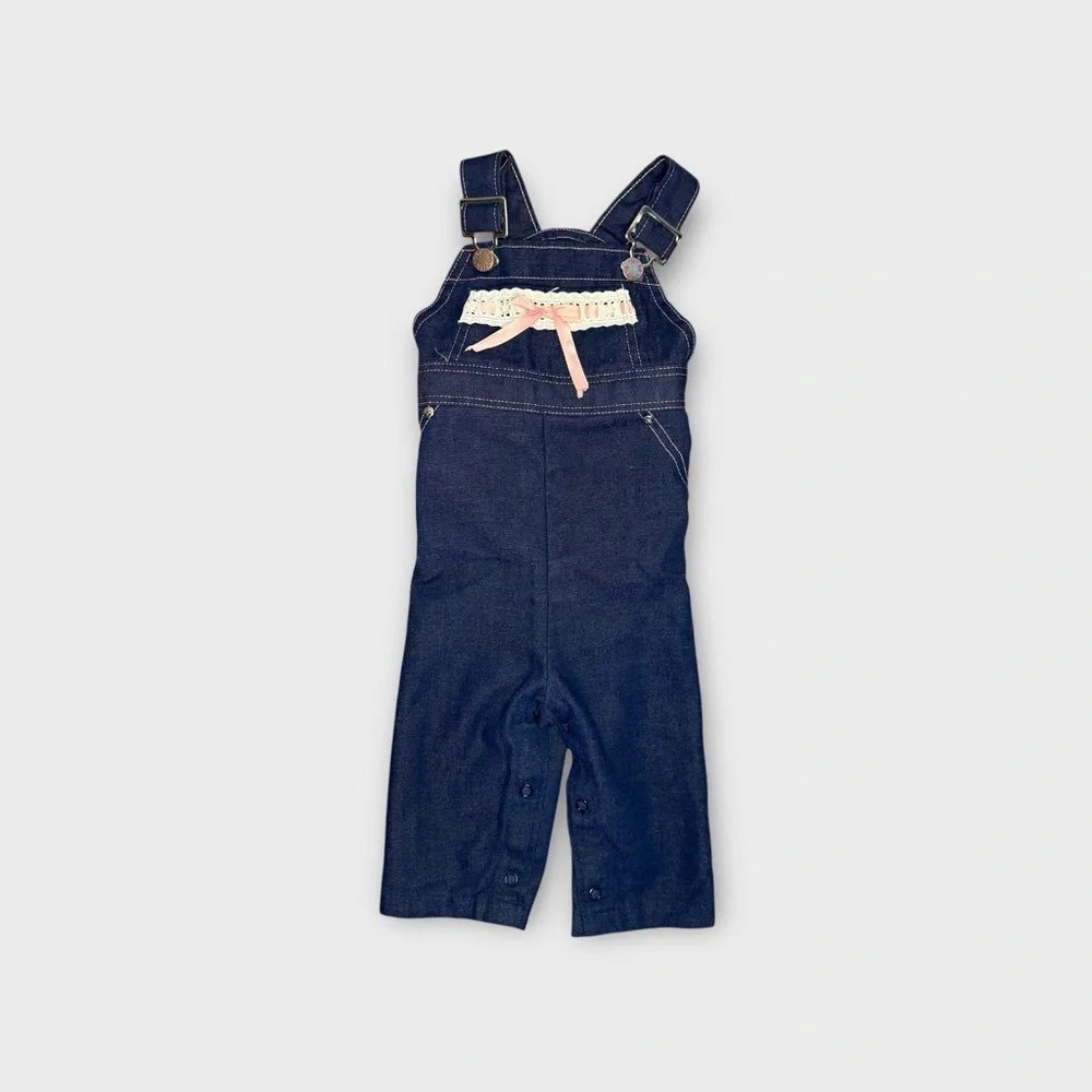 Health-Tex Vintage Eyelet Detail Pink Bow Blue Overalls